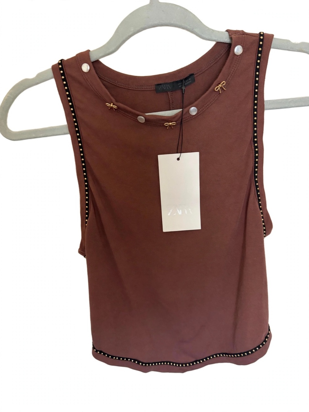 Zara Brown Stud-Trim Tank Top with Bow Accents